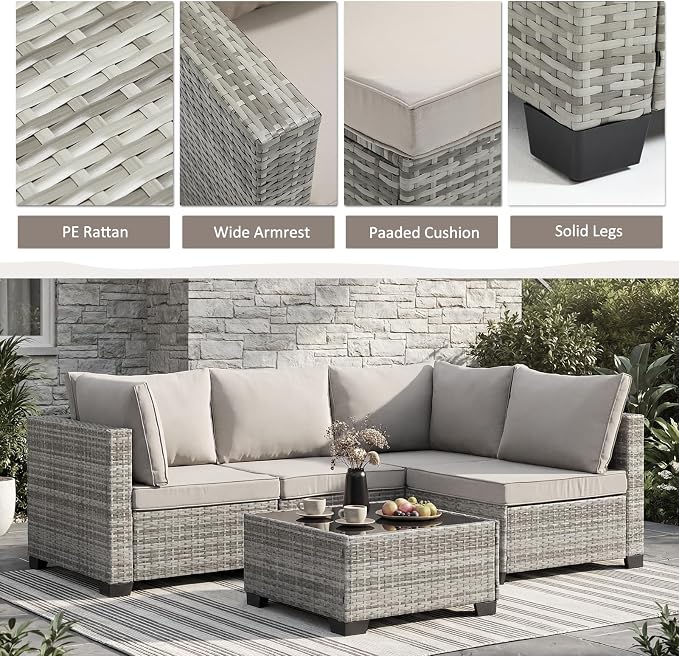 ANJ 7 Piece Outdoor Wicker Patio Furniture Set, Modular Loveseat Sofa with with Glass Top Coffee Table, All-Weather Rattan Conversation Couch Set for Balcony, Backyard, Light Grey Wicker-Grey