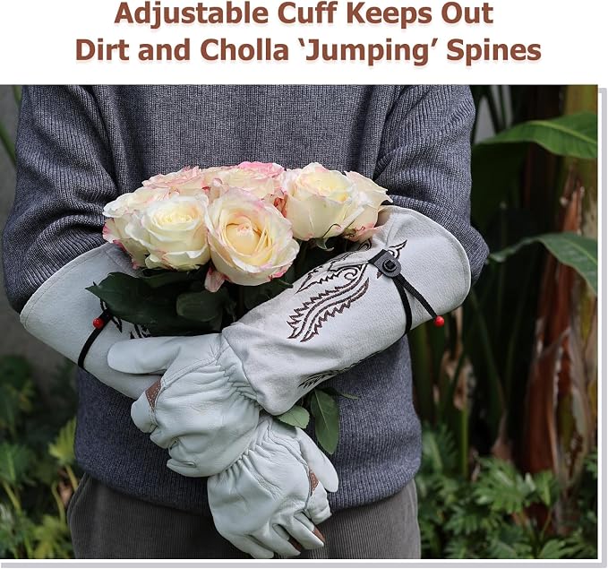 Cactus Garden Gloves (Reforced-Thorn Puncture Proof), Touchscreen, Long Leather, Women & Men, Heavy Duty- Great for Gardening, Rose Pruning, Cacti Trimming, Weeding, Pull Thistle, Plant (M)