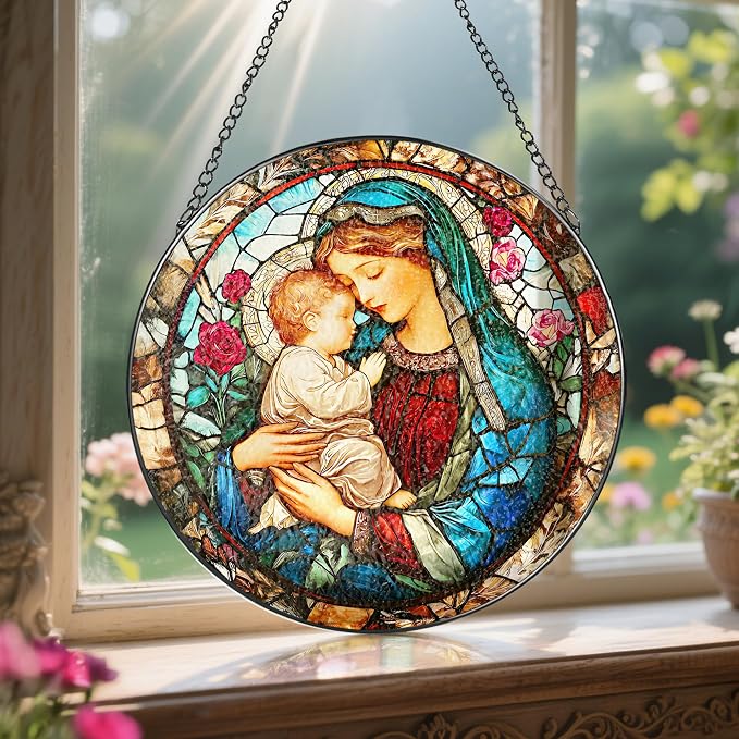 8 Inch Virgin Mary Stained Glass Suncatcher, Stained Glass Window Hanging, Christian Window Hanging Decor, Suncatchers for Windows Door Home Decor and Christmas, Christian Gift, Religious Gift