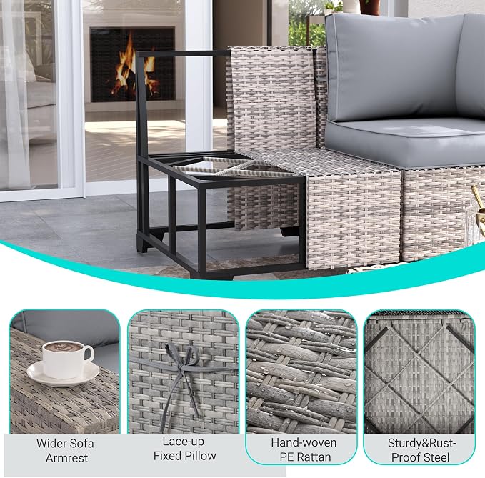 15-Piece Outdoor Patio Furniture Set with Rocking Swivel Chair Wicker Sectional Sofa Set, Patio Conversation Set with Thickened Cushions & Coffee Table for Garden, Backyard, Poolside, Grey
