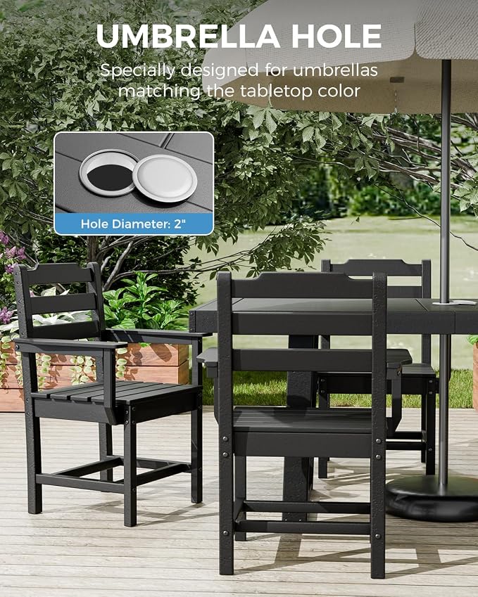 K Knowbody 7-Piece Outdoor Patio Dining Table and Chairs Set, Seats 6 | Steel-Reinforced HDPE, 100 lb/sq ft Load Capacity, 2-Inch Umbrella-Ready Tables, All-Weather, Fade-Resistant, Charcoal Black