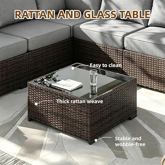 MOCHITO 7 Pcs Outdoor Patio Furniture Sets Brown Rattan Grey Cushions | All-Weather Sectional Sofa, with Glass Table, PE Rattan Wicker Patio Furniture , Washable Cushions, for Balcony Porch Garden