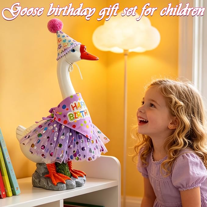 Large Porch Goose Outfits Set Decor - 20" Porch Goose Statue with Birthday Costume Gift for Mom Girl Boy ,Indoor or Outdoor Decorative Figurine for Garden Patio Lawn Entryway Accent,Housewarming Gifts