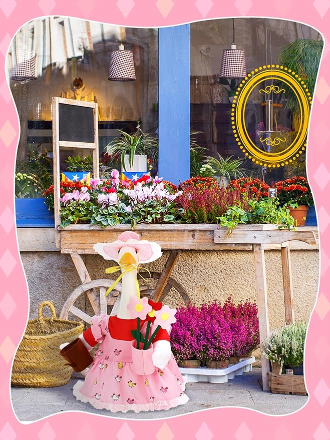 Outus Gardener Goose Outfits Set Includes Lace Pink Apron Sun Hat Small Flower Pot and a Tiny Watering Can Funny Goose Porch Clothing for Spring Outdoor Garden Yard Patio Lawn Statue