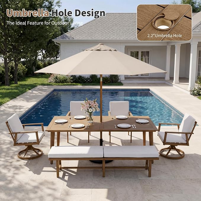 6-Piece Outdoor Table Set with Chairs & Bench, 8-Person Outdoor Rectangular Dining Table with Umbrella Hole, Faux Wood Grain Patio Table Set with Swivel Chair for Garden Backyard Proch, Teak
