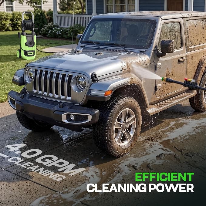 Electirc Pressure Washer 5000 PSI with 3 Levels Adjustable Pressure Gun, Portable Pull-Handle, 4 Nozzles and Foam Cannon, Heavy Duty Pressure Cleaner for Home/Car/Fence/Garden, Green