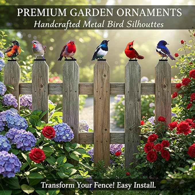 6 PCS Color Painted Metal Bird Sculptures - Vivid 2D Garden Decor for Outdoor Fences, Patio, Yard for Bird Lovers