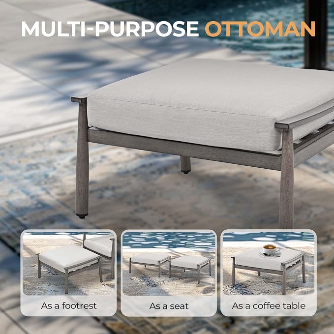 HAPPATIO Patio Outdoor Furniture Set - 7 Pieces Aluminum Outdoor Conversation Set Includes 1 Three-Seater Sofa, 1 Coffee Table, 1 Side Table, 2 Armchairs and 2 Ottomans for Porch Lawn (Grey)