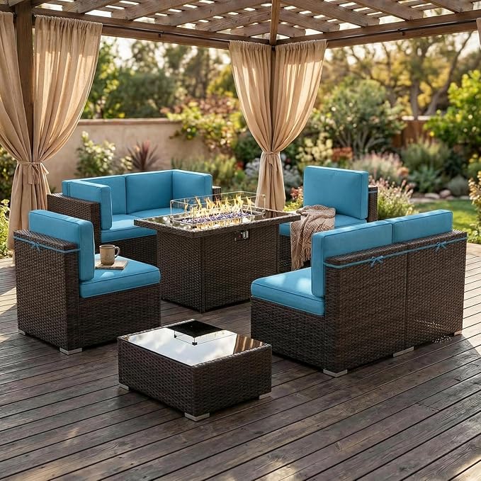 8 Pieces Patio Furniture Set with 44" Propane Gas Fire Pit Table, Outdoor Sectional Wicker Conversation Sofa Sets with Coffee Table