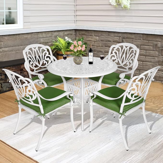 MEETWARM 5 Piece Patio Dining Set, Outdoor All-Weather Cast Aluminum Dining Table Set, Patio Furniture Set, Include 4 Chairs, 4 Cushions and 1 Round Table with Umbrella Hole, White