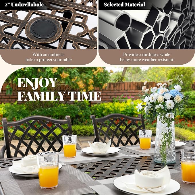 7 Piece Outdoor Dining Set Cast Aluminum Furniture Set, Retro Patio Dining Set for 6 includes 59” Table & 4 Stackable Chairs & 2 Swivel Chairs with Cushions and 2" Umbrella Hole for Patio Deck Garden