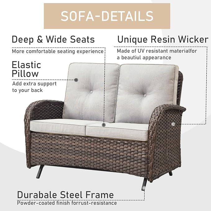 HUMMUH 5-Piece Patio Furniture PE Wicker Outdoor Conversation Set,All-Weather Rattan Swivel Chairs Outdoor Glider Couch for Backyard,Poolside,Deck