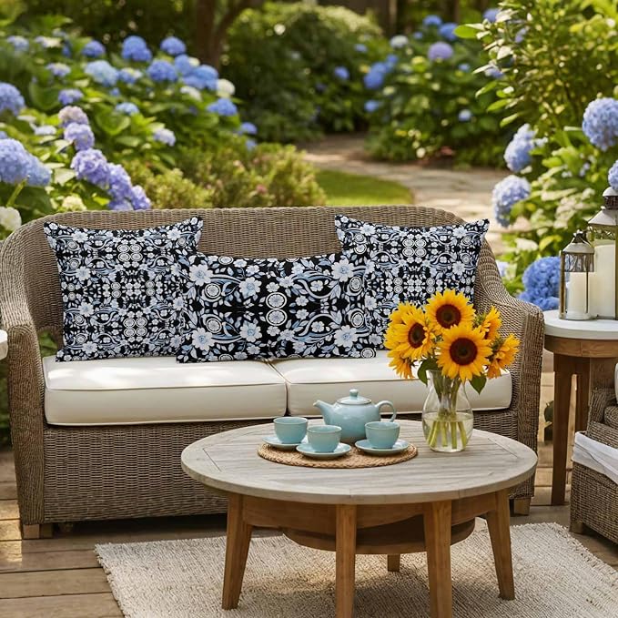 Black Blue Floral Outdoor Pillow Covers 26x26 Inch Throw Pillow Covers Set of 2 Waterproof Decorative Pillow Cases Vintage Pastoral Botanical Leaves Cushion Covers for Patio Furniture Garden Couch