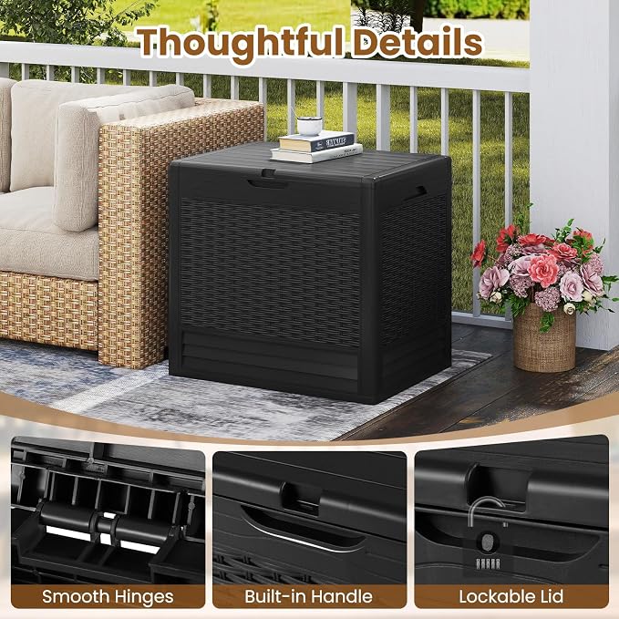 Tangkula 25 Gallon Outdoor Storage Box, Waterproof PP Resin Patio Storage Box with with Lockable Lid for Indoor & Outdoor Use, 2-in-1 Rattan Design Deck Box for Patio Cushions, Garden Tools
