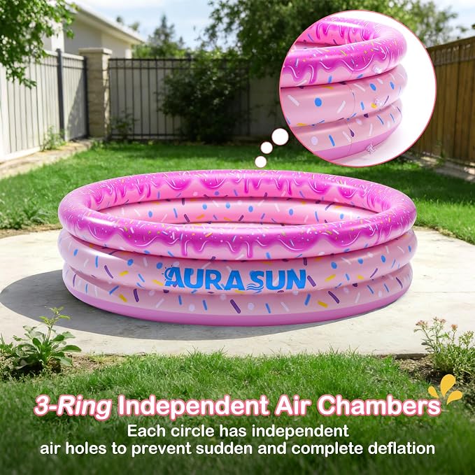 Inflatable Baby Pool Small Kiddie Swimming Pool, 3 Rings Round Pad Pool for Kids & Toddler, 48"X12" Portable Indoor Ball Pit Toys, Outdoor Water Play for Girl/Boy (Pink)