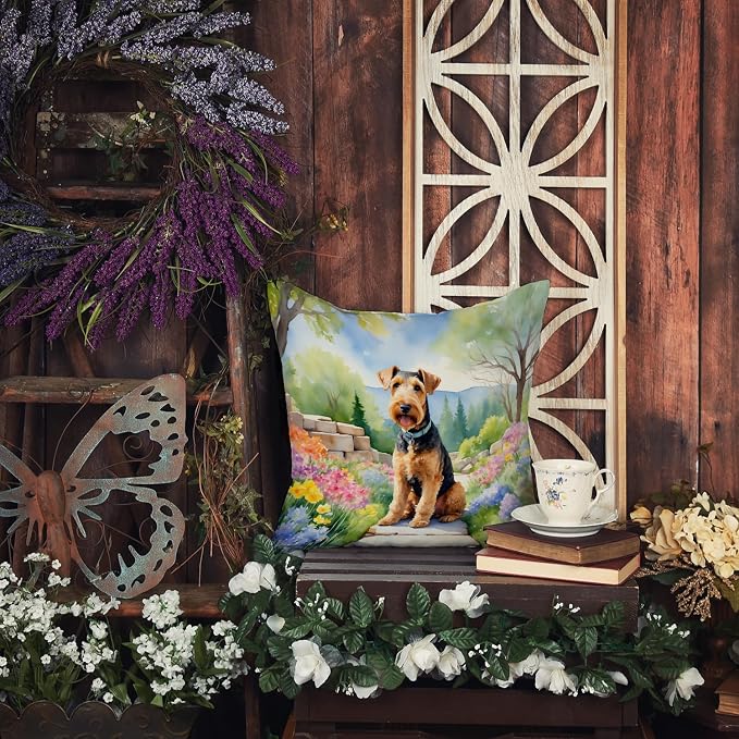 Caroline's Treasures Airedale Terrier Spring Garden Throw Pillow Machine Washable, Indoor Outdoor Decorative Pillow for Couch, Bed or Patio, 18Hx18W