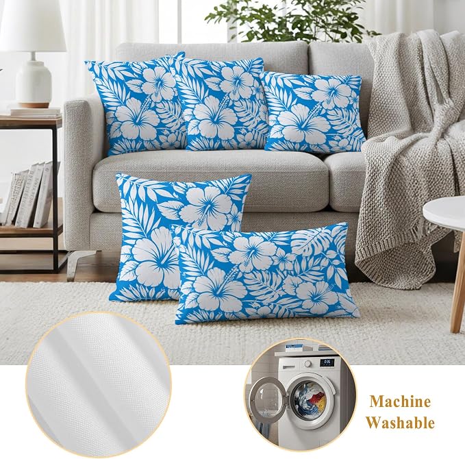 Hibiscus Flowers Waterproof Outdoor Pillow Covers Set of 2 Home Decor, Blue Tropical Monstera Leaves Lumbar Pillowcase Patio Pillow Covers for Couch Bench Patio Furniture Garden 20x12in