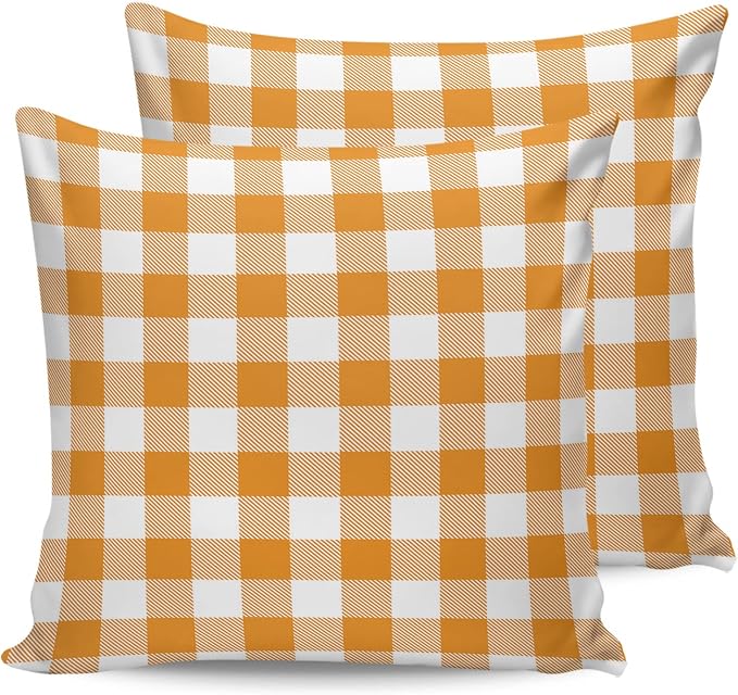 Outdoor Waterproof Throw Pillow Covers Set of 2 Orange Buffalo Check Plaid Pillowcases 24x24 Inches Farmhouse Style Patio Decorative Pillows Cushion Case Patio Pillows for Couch Bed Chair Garden