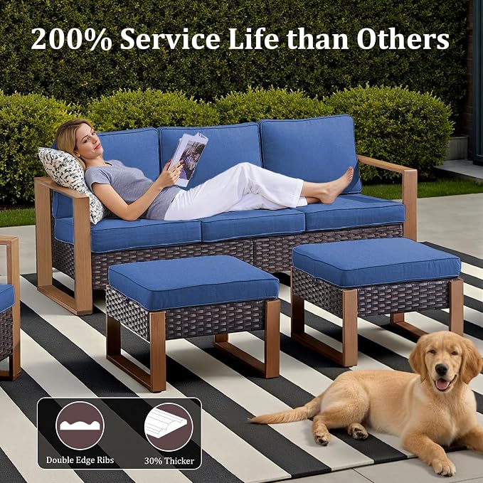 Patio Furniture Set with Fire Pit Table, 6-Piece Outdoor Wicker Sofa and Swivel Chairs, All-Weather Conversation Set for Backyard, Deck and Poolside Blue