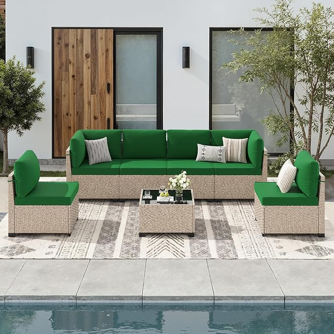 Soohow 7-Piece Patio Furniture Set, Outdoor Sectional All-Weather Wicker Patio Conversation Set for Garden, Porch, Backyard - Green Cushions