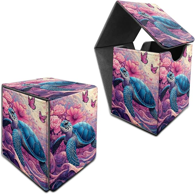 Pink Flower Turtle Card Deck Box for MTG, Personalized Card Storage Case Fits 120+ Sleeved Cards, Premium Leather TCG Box with Strong Magnetic Closure for Magic, CCG, PTCG, Baseball Cards