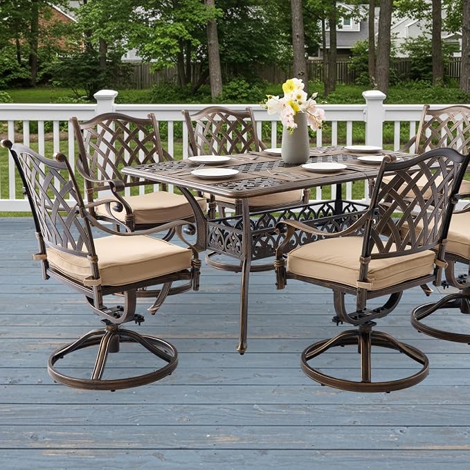 7-Pcs Cast Aluminum Patio Dining Set with 6 Swivel Chairs,Bronze | Outdoor Furniture Set Include 59" Rectangular Dining Table and 6 Swivel Chairs with Cushions & Umbrella Hole