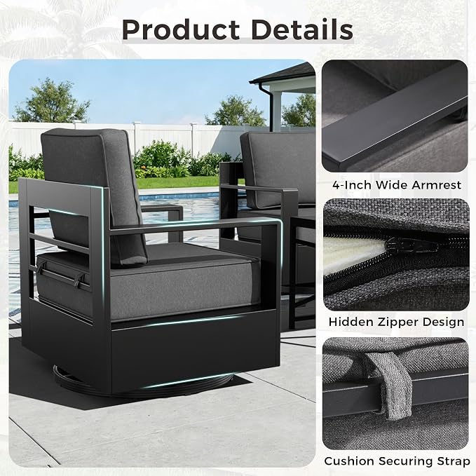 Outdoor Patio Furniture Set, 3-Piece Aluminum Patio Conversation Set All-Weather Metal Outdoor Sectional with 6 Inch Thick Cushions, Deep Setting for Garden, Outside and Porch, Grey