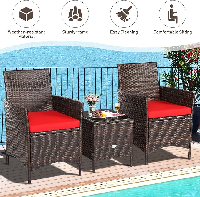 RELAX4LIFE 3 Pieces Patio Rattan Furniture Set with Glass Coffee Table & Cushions Outdoor Conversation Set for Poolside Balcony Backyard Lawn Porch 3 Pieces PE Rattan Patio Set (Red)