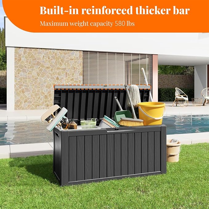 PatioZen 90 Gallon Resin Deck Box, Lockable Patio Outdoor Storage Box for Furniture, Garden Tools and Tools Storage, Waterproof Outside Storage Box - Black