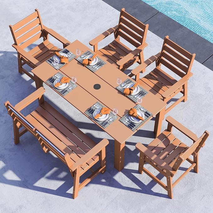 BRIOPAWS Outdoor-Dining-Table-Set | 6 Piece | HDPE | 1 Bench and 4 Chairs Sets for 6 | Patio Dinner Furniture | All Weather | Umbrella Hole | for Poolside Deck Backyard Outdoors | Teak