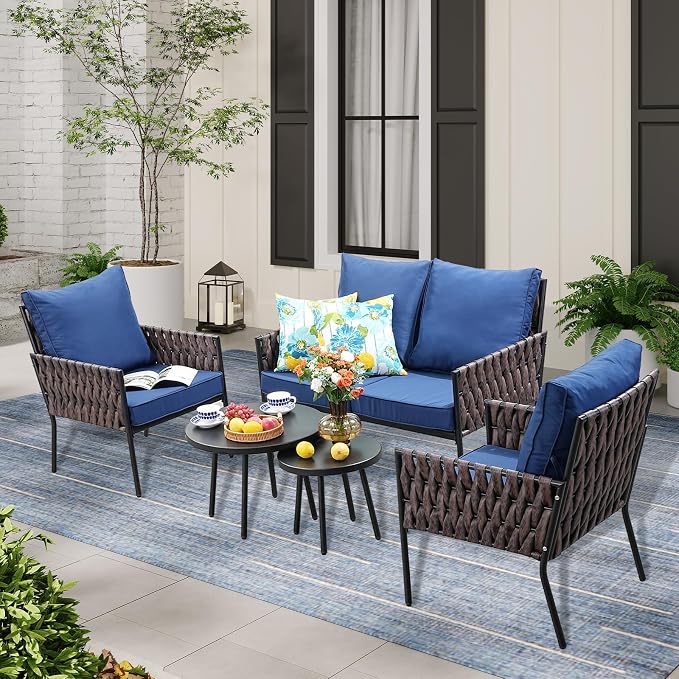 JOYURE 5 Pieces Patio Furniture Set,Outdoor Conversation Set with 2 Round Side Tables,Modern Metal Outdoor Couch with Waterproof Cushions for Backyard,Porch,Navy