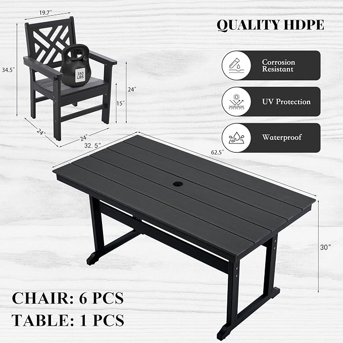 HDPE Dining Table Set for 6,7-Piece Outdoor Table and Chairs Include 6 Dining Chairs and 62.5" Patio Dining Table with Umbrella Hole (Black)