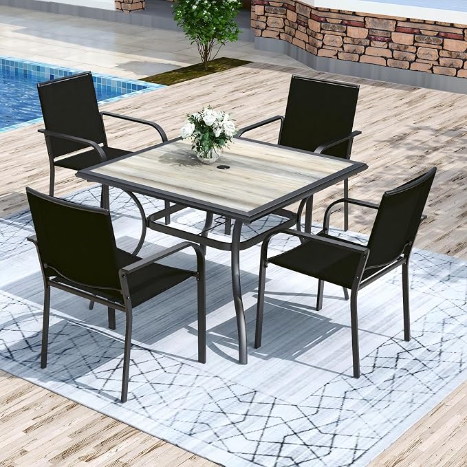 Anmutig 5-Piece Outdoor Patio Dining Set 37 Inch Square Wooden-Like PVC Table with 4 Stackable Chairs for Garden Backyard Black