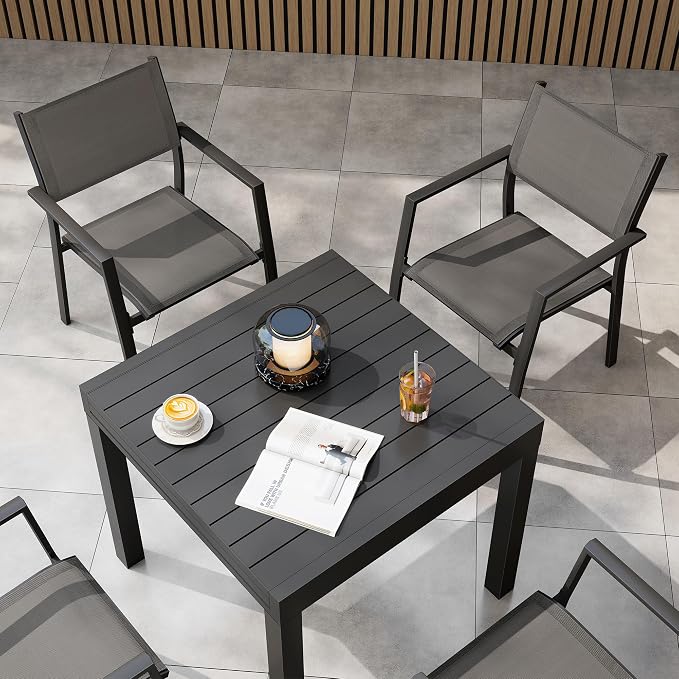 5 Piece Outdoor Dining Set, Expandable Outdoor Patio Dining Table Set for 4-6 Person, Aluminum Outdoor Table and 4 Chairs with Textilene Fabric & Armrest for Patio, Garden, Lawn, Deck(Black)