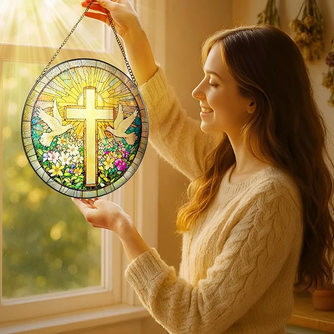 Cross and Wildflowers Stained Glass Suncatcher, 8 Inch Christian Stained Glass Windows Hanging, Flower Cross Gift for Religious, Christian Gifts, Easter Faith Home Decor