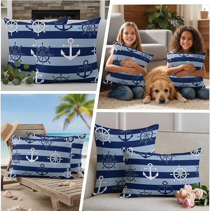 Nautical Ship Anchors Waterproof Outdoor Pillow Covers Set of 2 Home Decor, Navy Blue Horizontal Stripes Lumbar Pillowcase Patio Pillow Covers for Couch Bench Patio Furniture Garden 20x12in