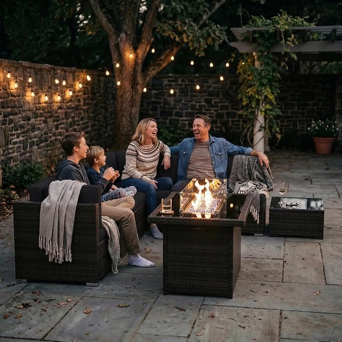 6 Pieces Patio Furniture Set with 44" Propane Gas Fire Pit Table, Outdoor Sectional Brown Rattan Wicker Conversation Sofa Sets with Coffee Table