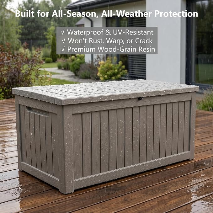 Large 258 Gallon Resin Deck Box, Heavy Duty Lockable Patio Storage Box Outdoor, Waterproof Tool Box for Garden Furniture Cushions & Pool Supplies, Wood Grain Outdoor Storage Bench for Backyard