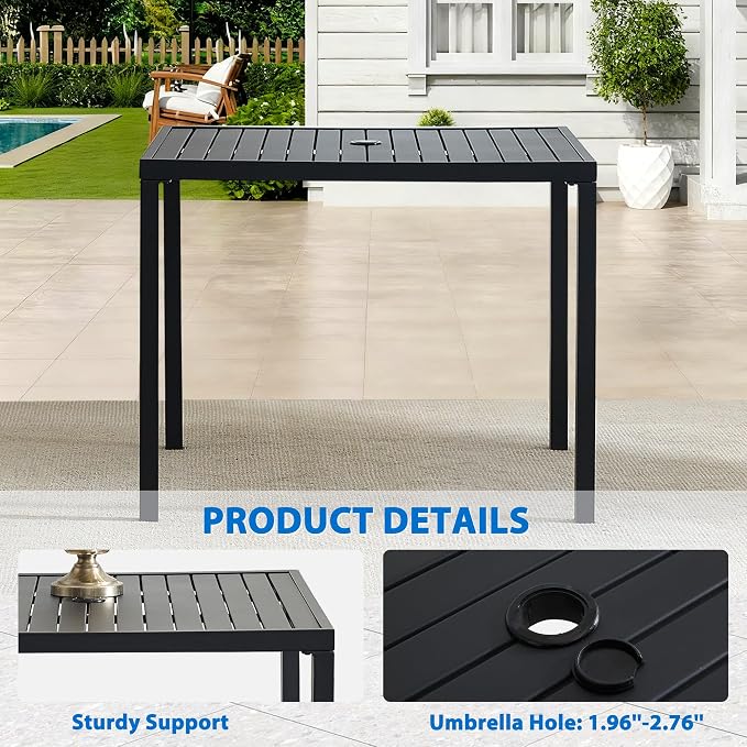 5-Piece Outdoor Dining Set, 35.5" Square Metal Patio Table with Light Blue Chairs, Black Table with Umbrella Hole for Garden, Yard, Patio