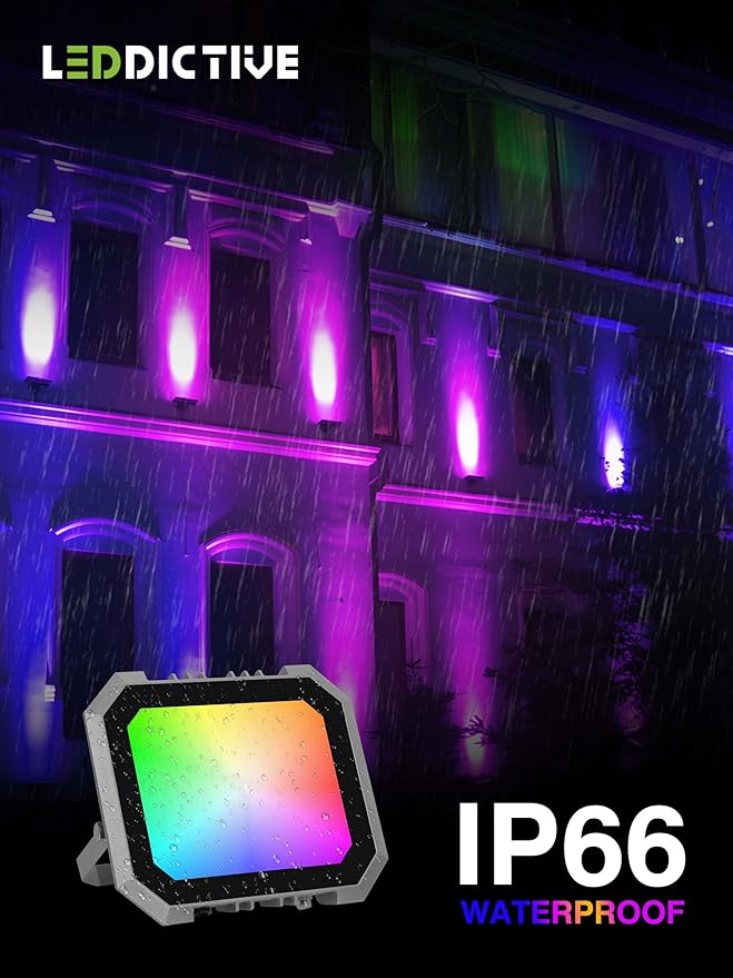 Leddictive 4 Pack RGB LED Flood Light 30W, 300W Equivalent 3000 LM Outdoor Landscape Flood Lights with 4 Remote, IP66 Waterproof Outdoor Light for Christmas Party Stage Uplight Wall Wash