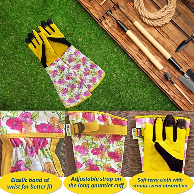 Thornproof Rose&Cactus Gardening Gloves,Gauntlet Garden Glove,Gifts | Canvas,Cute Floral Pattern,Leather Palm,Touchscreen,Durable Material,Garden Gift,Men&Women,Machine Washable,Adjustable Cuff
