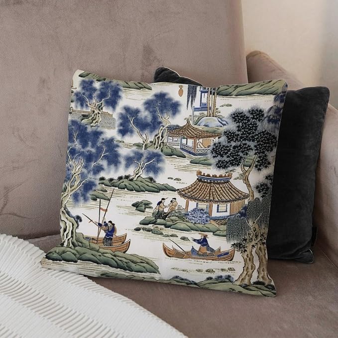 Asian Scenic Pillowcase Blue and Green Chinoiserie Cushion Cases 24x24 INFarmhouse Accent Farmhouse Decor Pillow for Couch Sofa Patio
