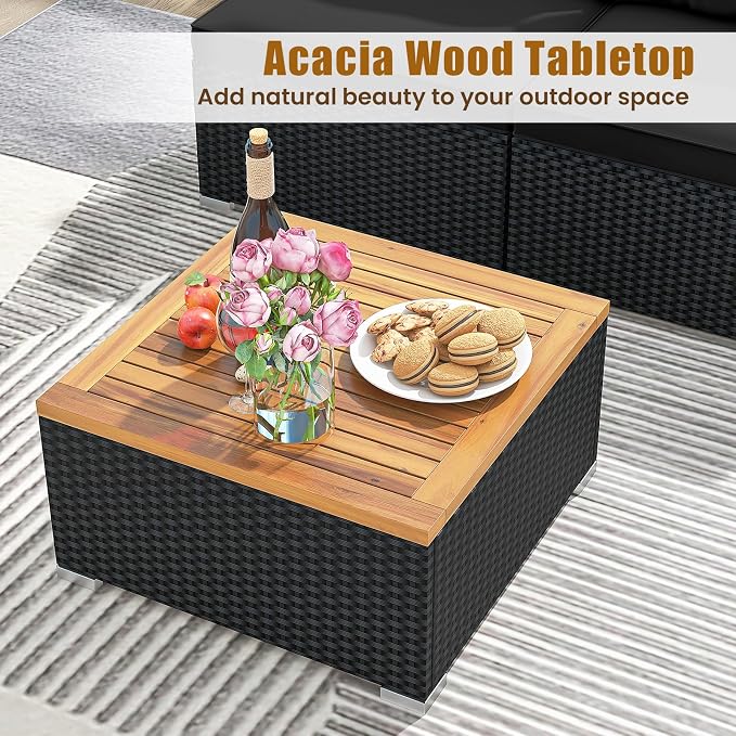 5 Pieces Patio Furniture Set, Outdoor Sectional Sofa with Acacia Wood Coffee Table & Cushions, Wicker Patio Conversation Set for Porch, Deck, Balcony, Poolside & Backyard (Black)
