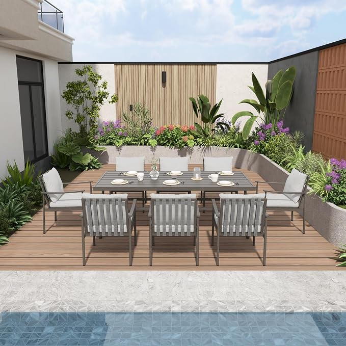 9-Piece Outdoor Dining Set for 8, Aluminum Dining Set with Cushions, 8 Dining Chairs with Rope Backrest, Large Rectangular Table with Umbrella Hole,Patio Dining Set for Porch Yard Deck,Grey