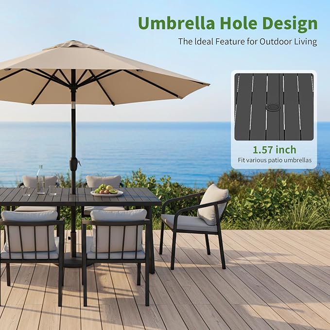 Outdoor Dining Set,9-Piece Patio Dining Table Set for 8 with Rectangular Table and 6 Thick Cushion Dining Chair & Swivel Chair, Aluminum Patio Furniture Set for Backyard, Garden (Black)