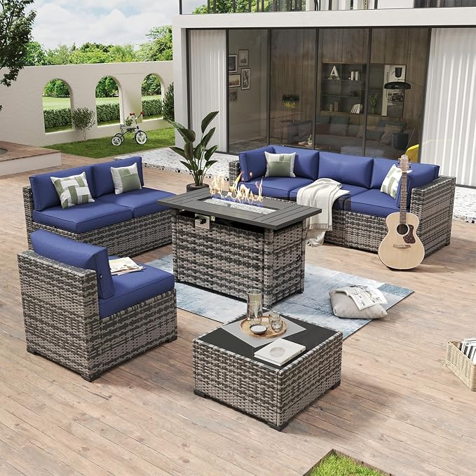 Aoxun 8 Piece Patio Furniture Set with 44” Fire Pit Table Paito Conversation Set Wicker Rattan Outdoor Sectional Sofa Set with Thickened Cushions (Grey/Blue)