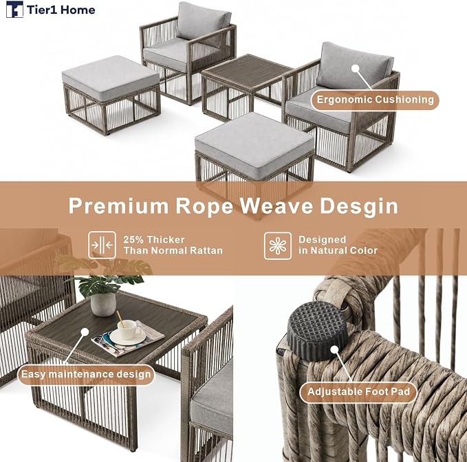 5 Piece Patio Furniture Set, Outdoor Sectional Sofa Set with 2 Ottomans, Coffee Table, Washable Cushions, All Weather Patio Wicker Conversation Set with Arm Chairs for Backyard, Porch, Balcony, Deck