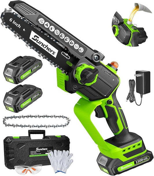 Mini Chainsaw Cordless, 6 Inch Electric Chainsaw with 2 Battery, Handheld Battery Powered Chain Saw with Auto Oiler, Yard Tools Saw for Wood Cutting Tree Cutter, Father Day Gifts for Men, Dad, Husband