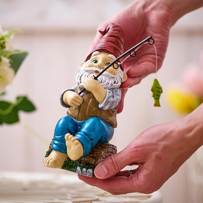 TERESA'S COLLECTIONS Resin Outdoor Statues for Garden Decor, Garden Gnome with Fishing Pole Funny Decorations for Outside, Yard Gnome Decor for Patio Lawn Ornaments, Ideal Gift for Women and Man, 6"