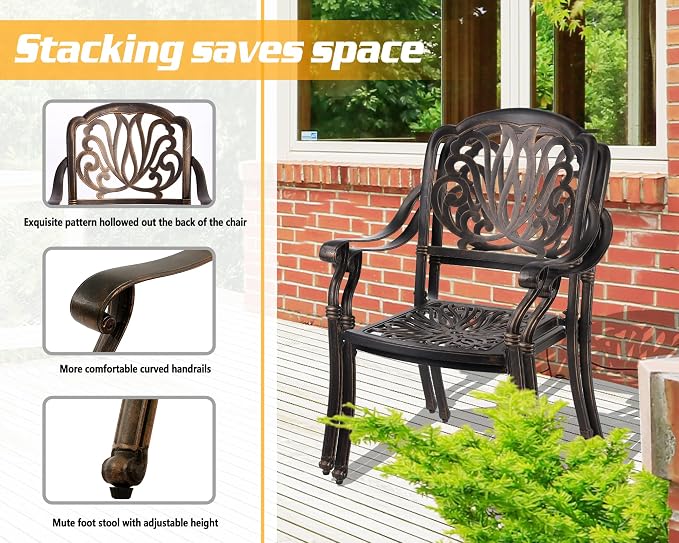 TITIMO 9-Piece Cast Aluminum Patio Furniture Set, Outdoor Patio Dining Set Bistro Conversation Set, All-Weather Rectangular Dining Table Set w/Umbrella Hole (Bronze-Fixed Elizabeth Chair, 9 Pcs)